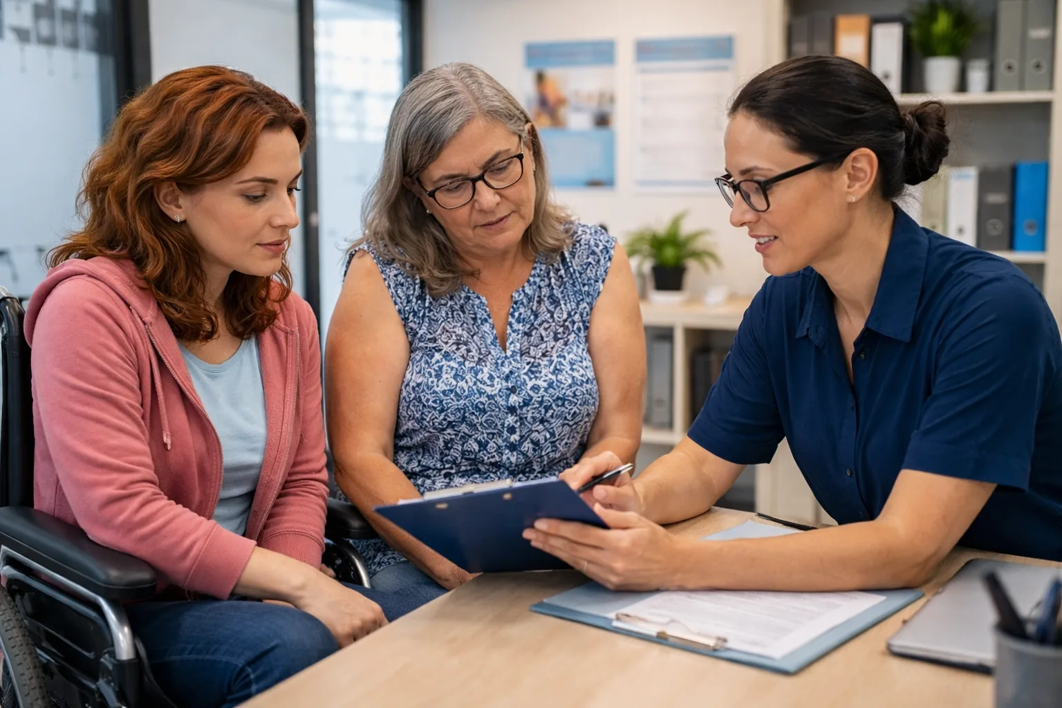 Three people reviewing a document together at a table