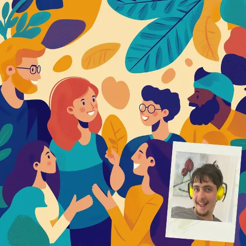 A colourful illustration with an inset portrait of a person