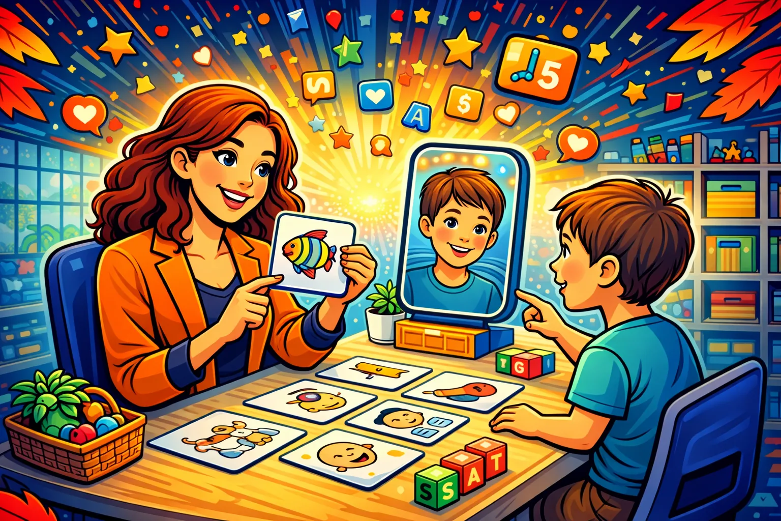Illustration of an adult and child using a tablet with communication pictures