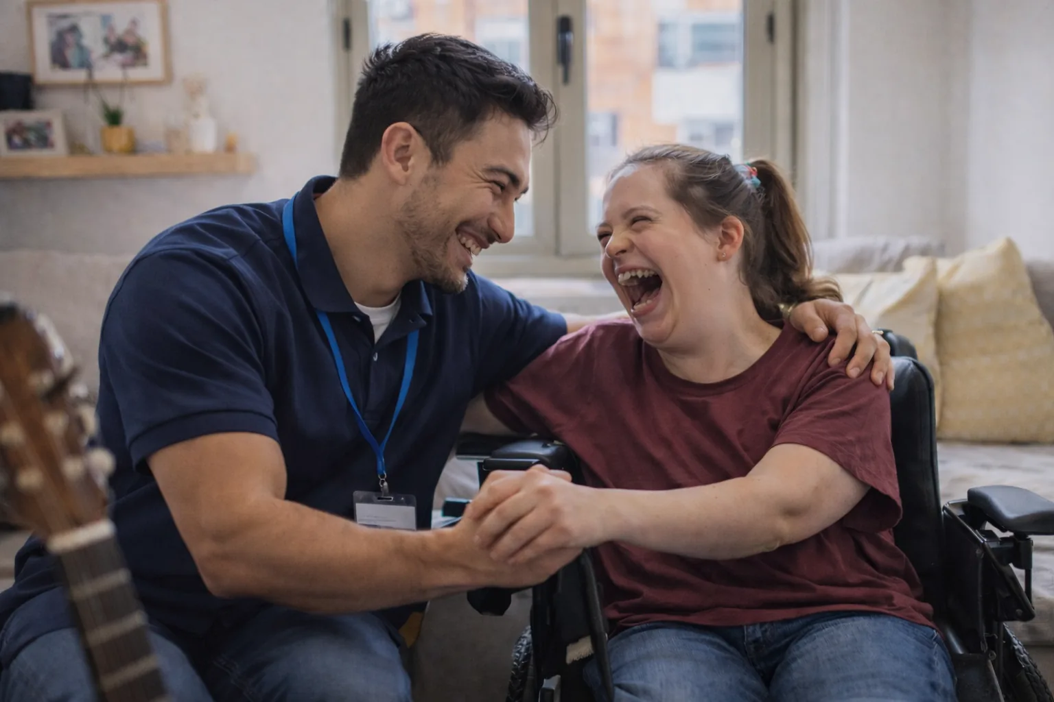 Two people smiling together, one using a wheelchair