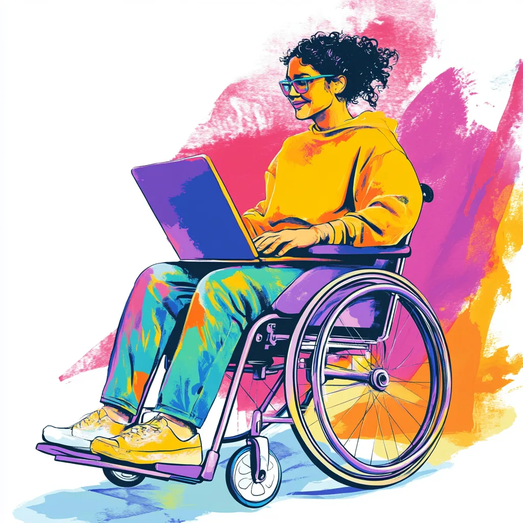 Colourful illustration of a wheelchair user holding a laptop