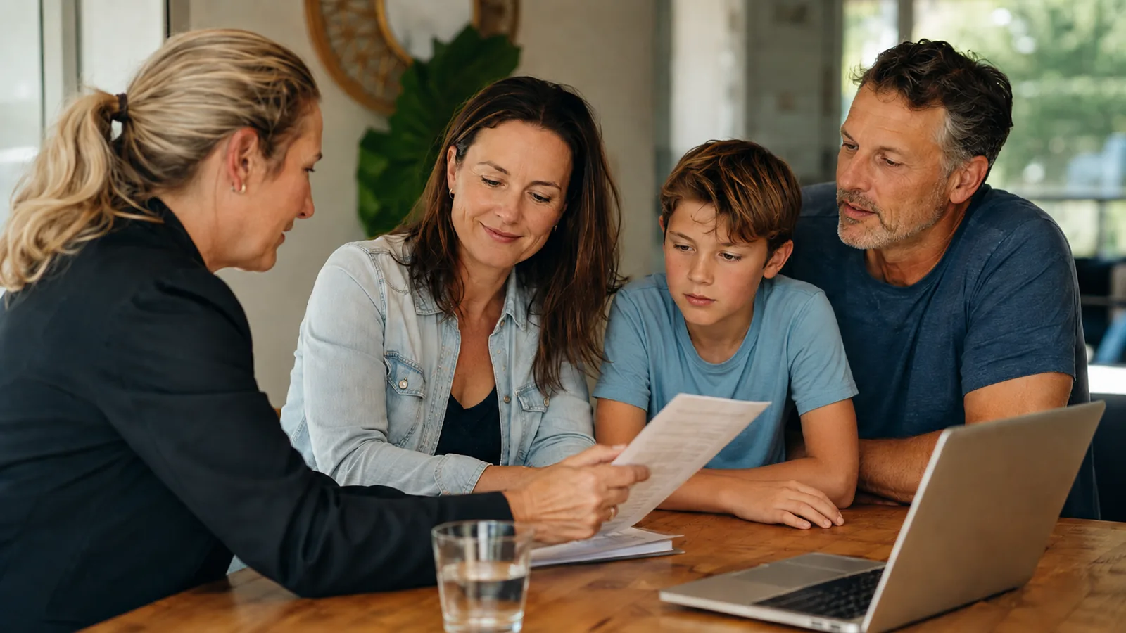 Adults and a child looking at paperwork at a table