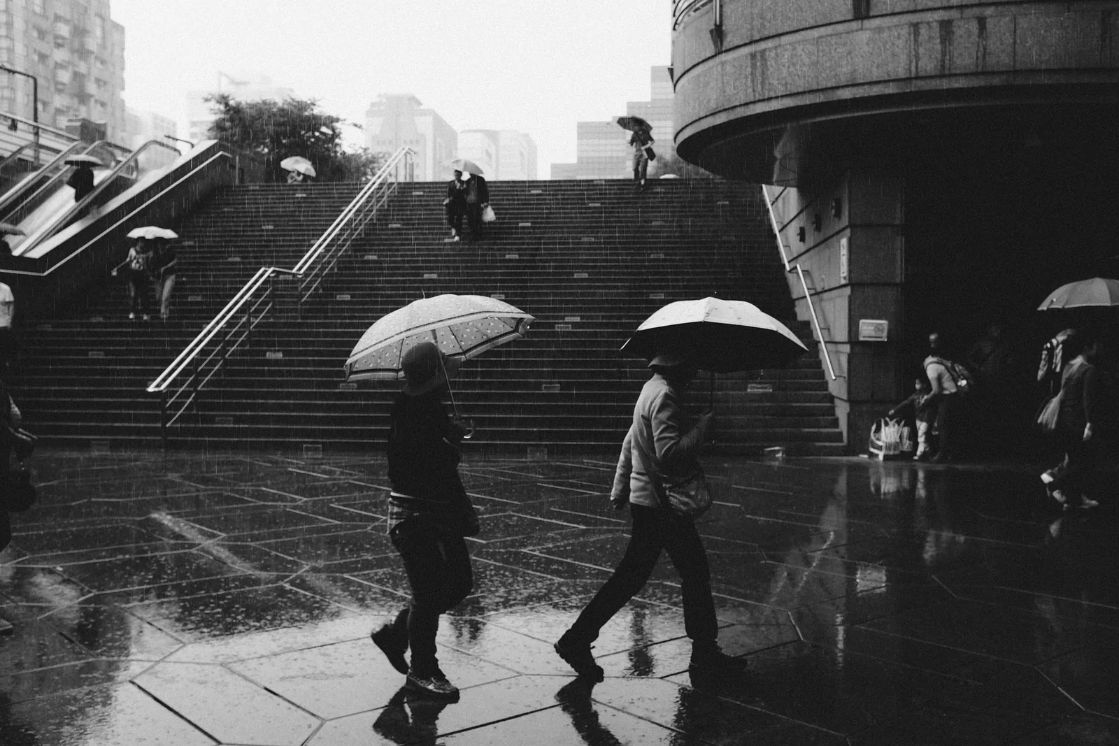 People using umbrellas beside outdoor steps in the rain