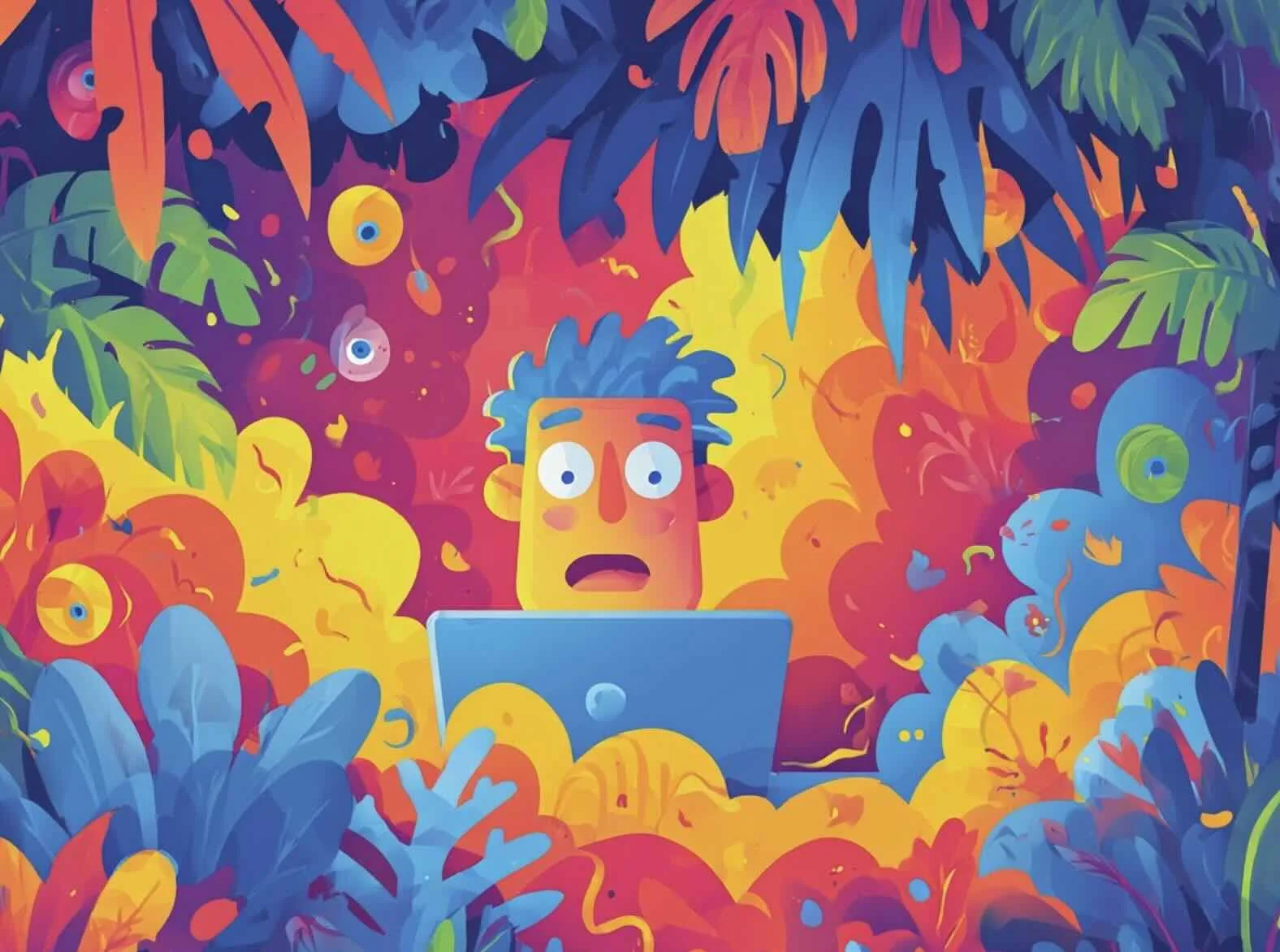 Illustration of a person using a laptop in a colourful setting