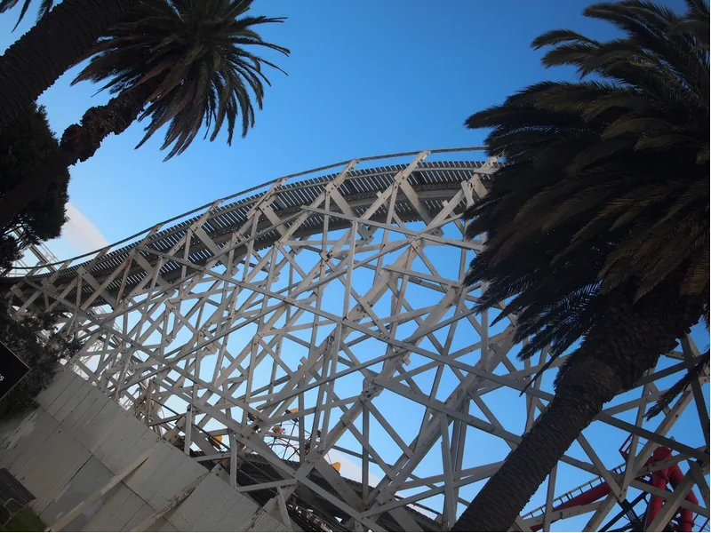 Palm trees beside a large outdoor structure
