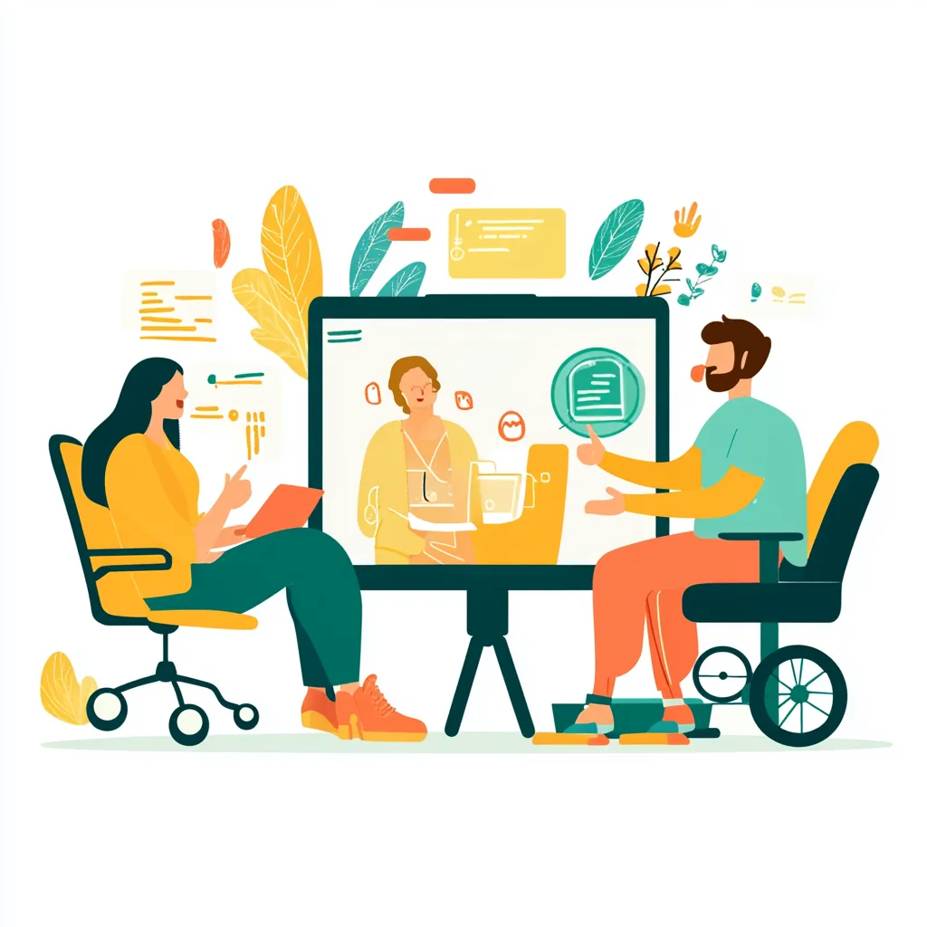 Illustration of people, including a wheelchair user, beside a screen