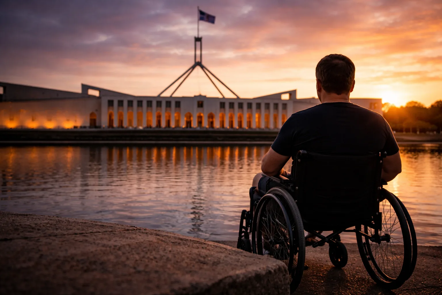 A person using a wheelchair beside water facing Parliament House at sunset