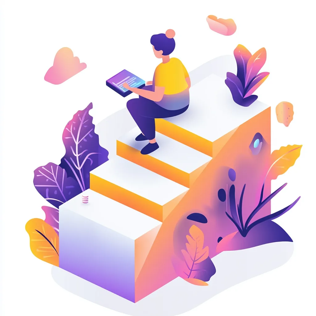 Illustration of a person using a laptop while seated on a ladder-like structure