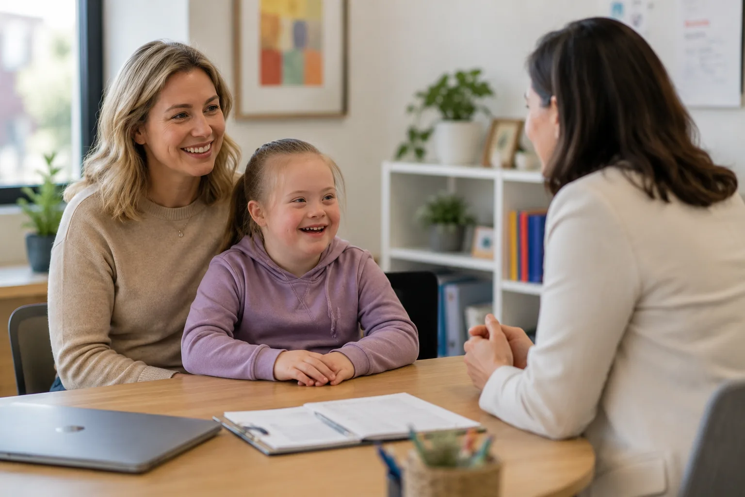 A parent and child talking with another adult at a table