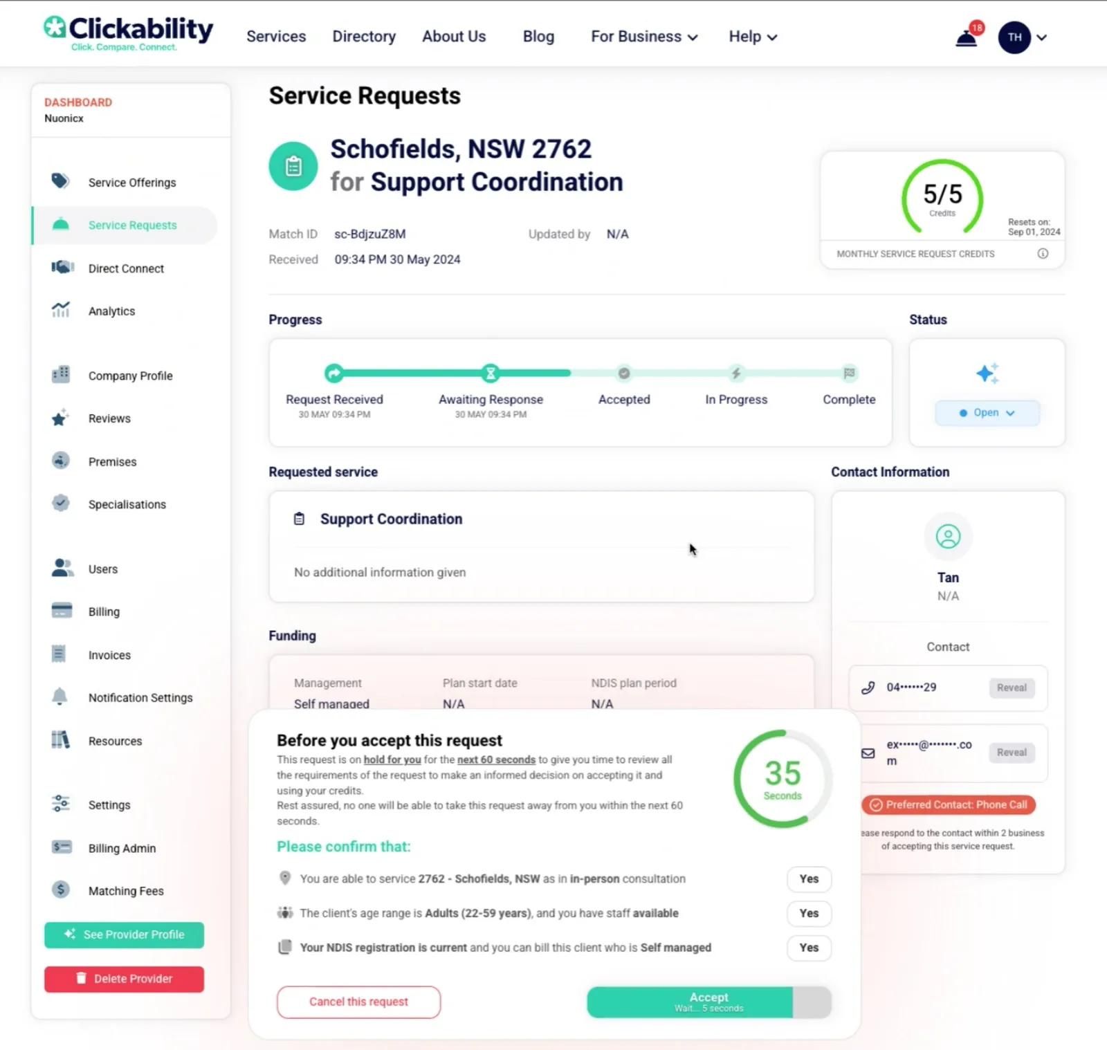 A historical Clickability service-request screen with a Reserve timer