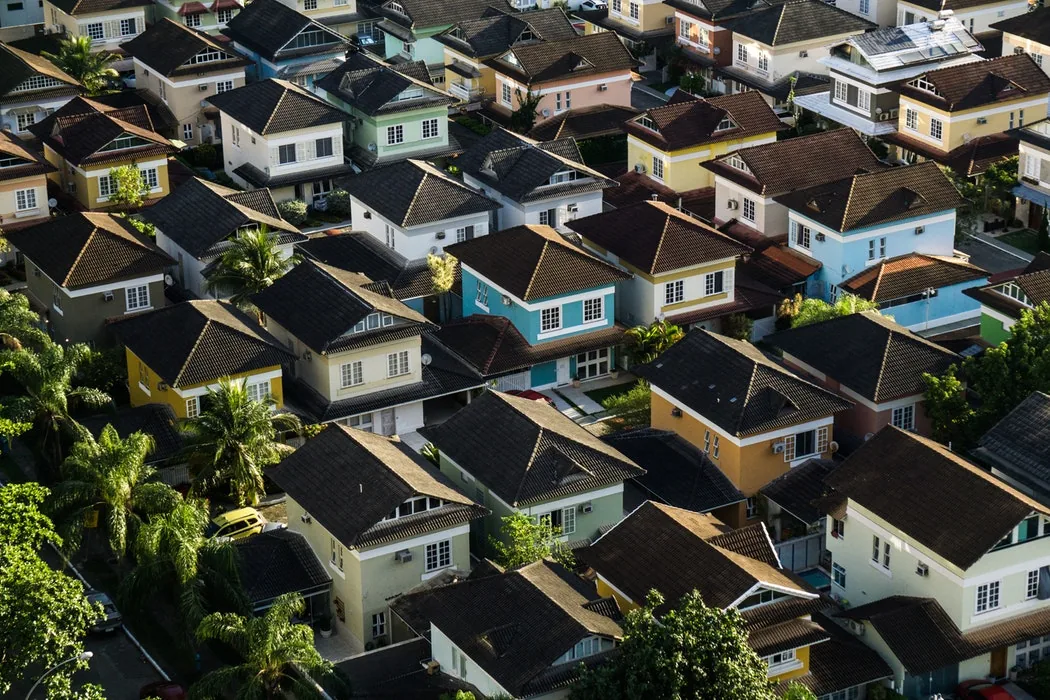 An aerial view of a neighbourhood of houses