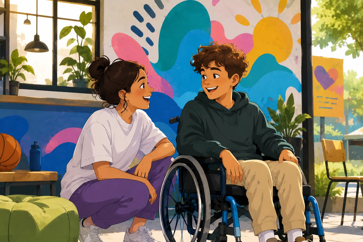 Two people talking outdoors, one using a wheelchair