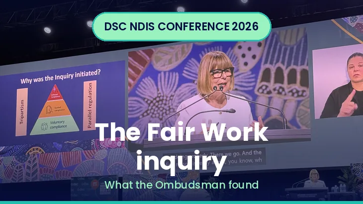 Conference banner showing a Fair Work inquiry presentation