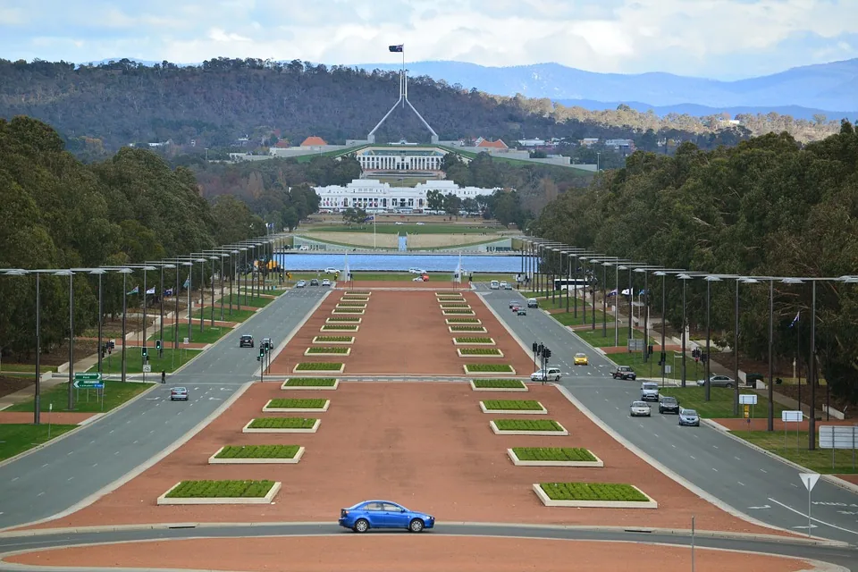 A view along Canberra’s ceremonial avenue towards Parliament House