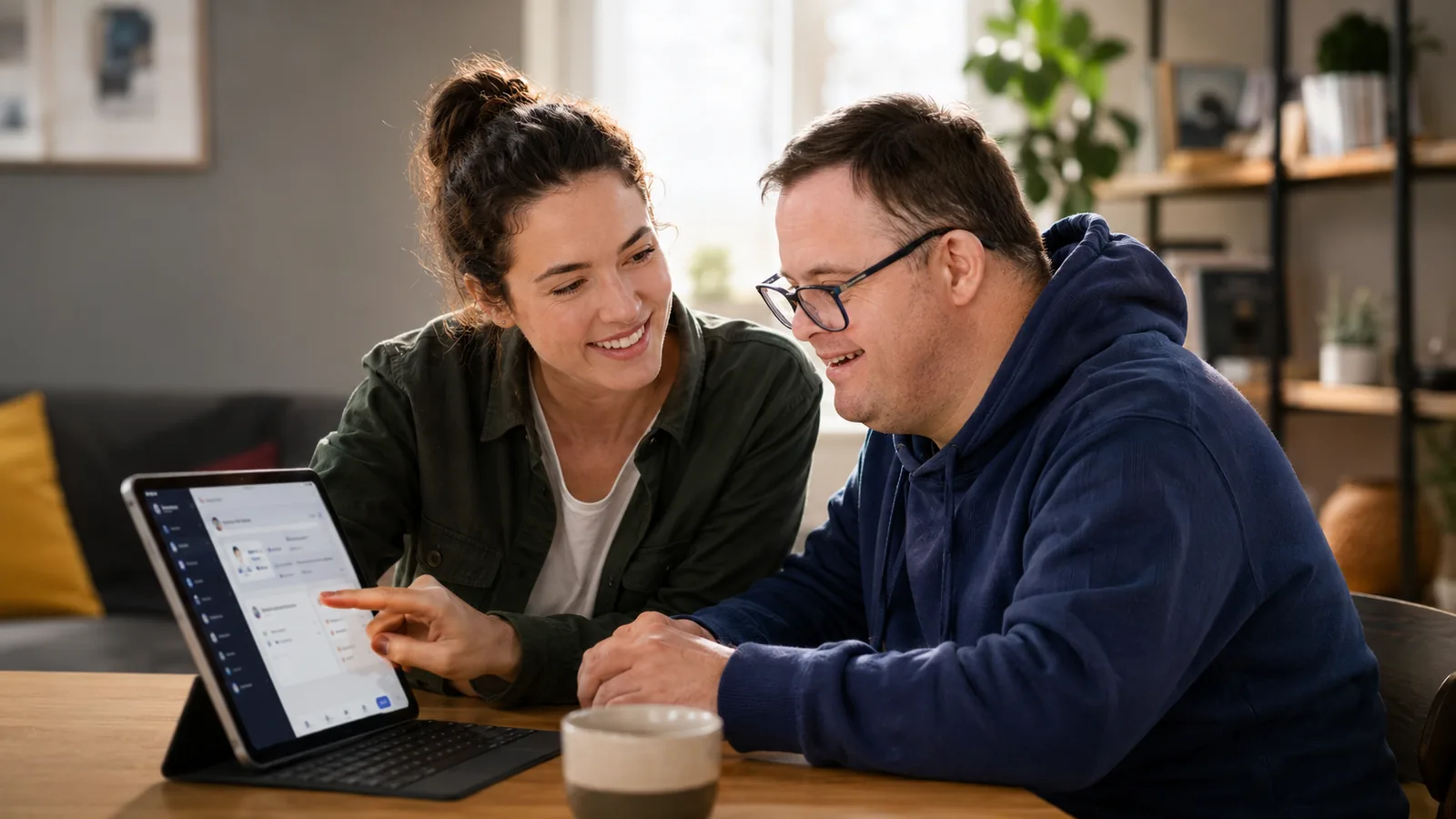 Two people discussing information on a laptop