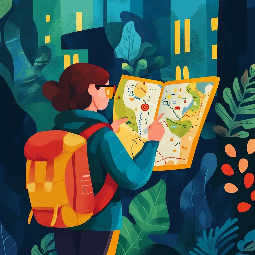 Illustration of a person reading a map beside a signpost