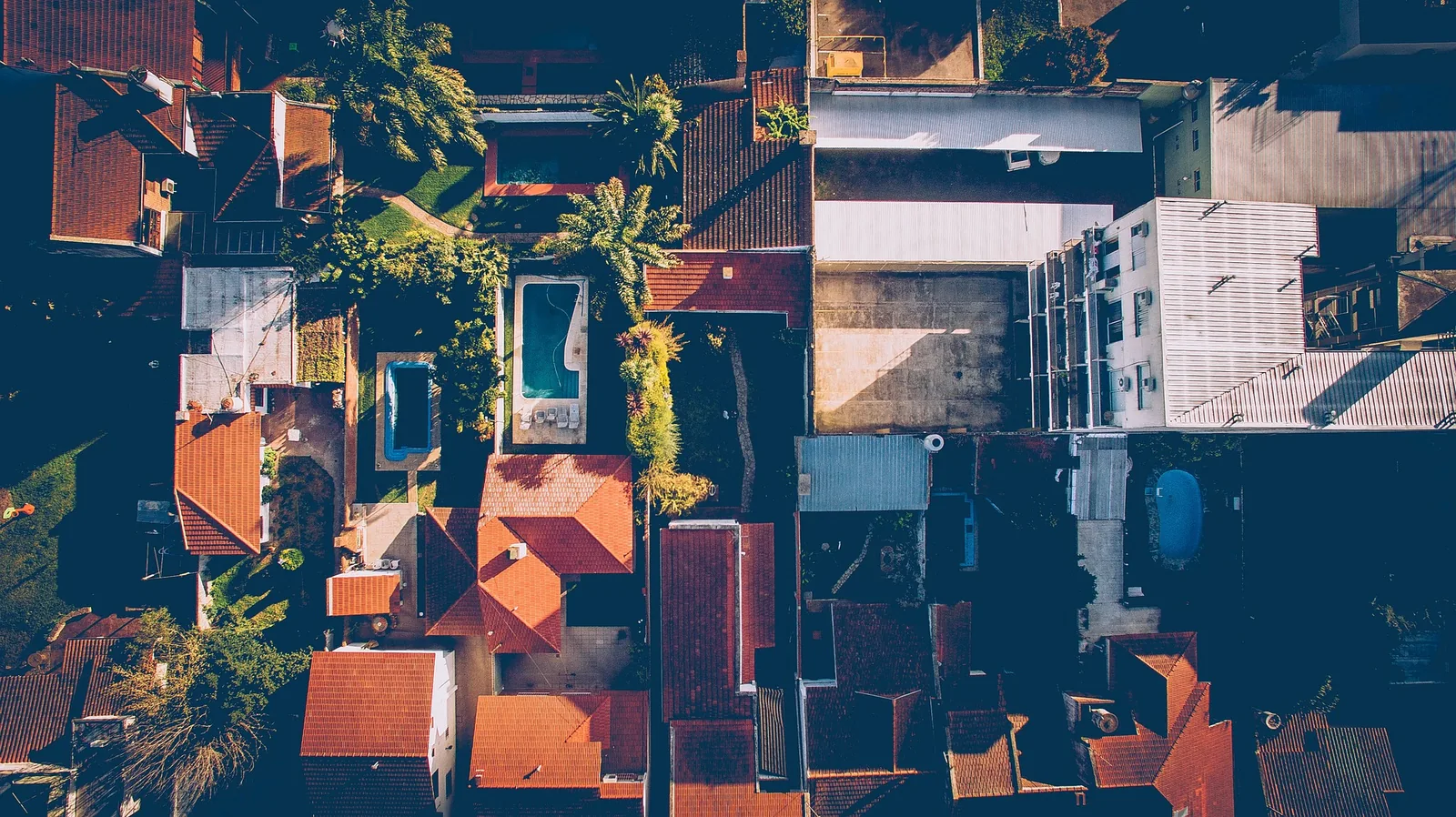 An overhead view of houses and trees