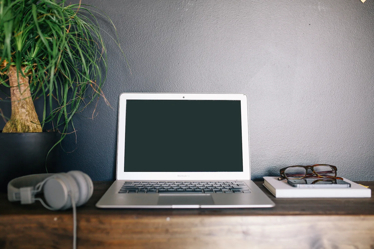 A laptop, headphones and plants on a desk