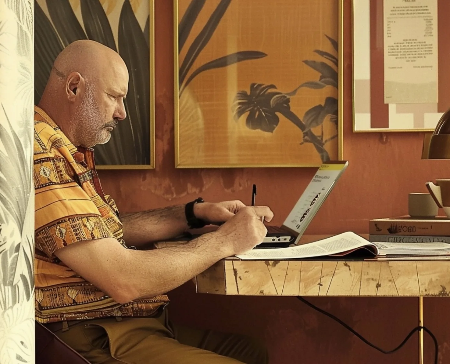 A man writing notes at a table beside a laptop