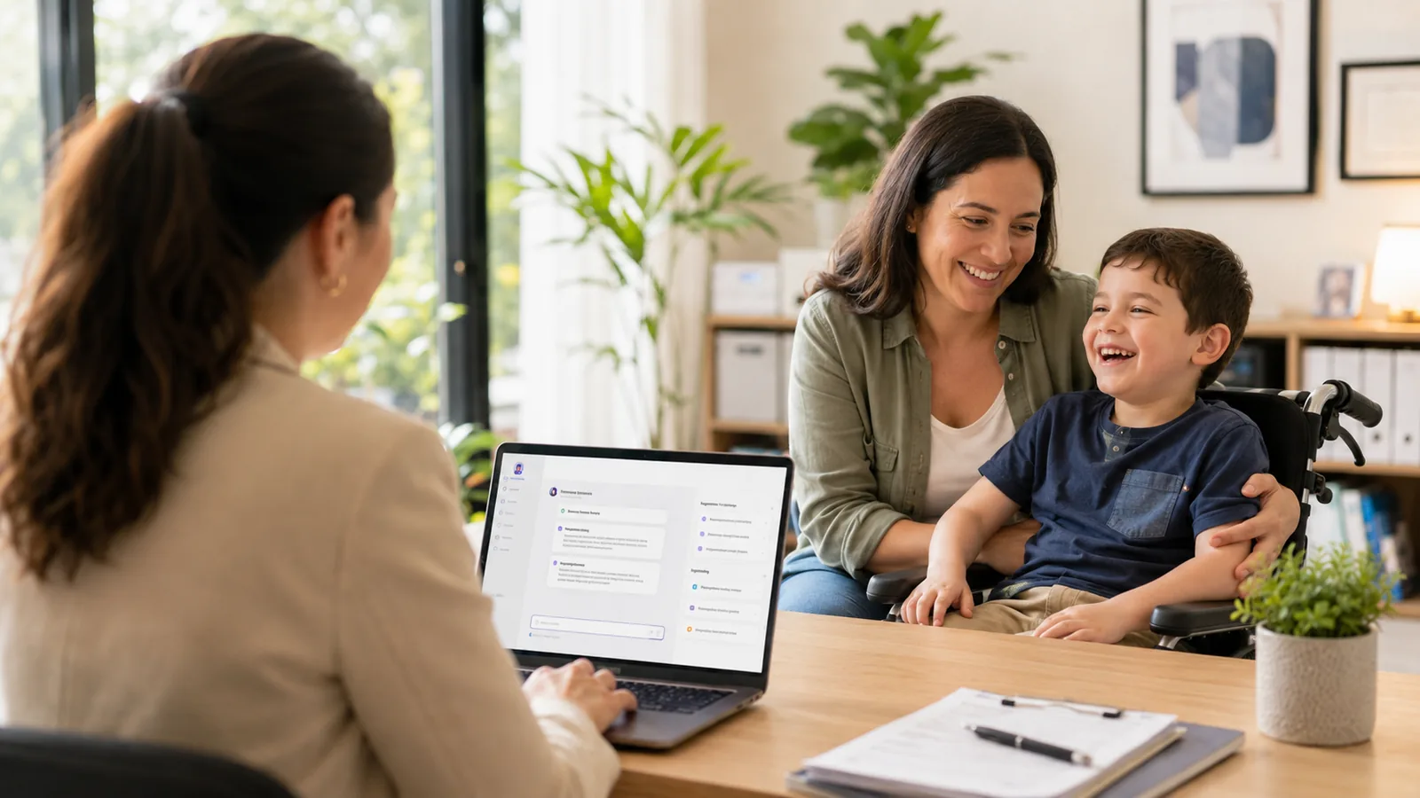 An adult and child talking with another person beside a laptop