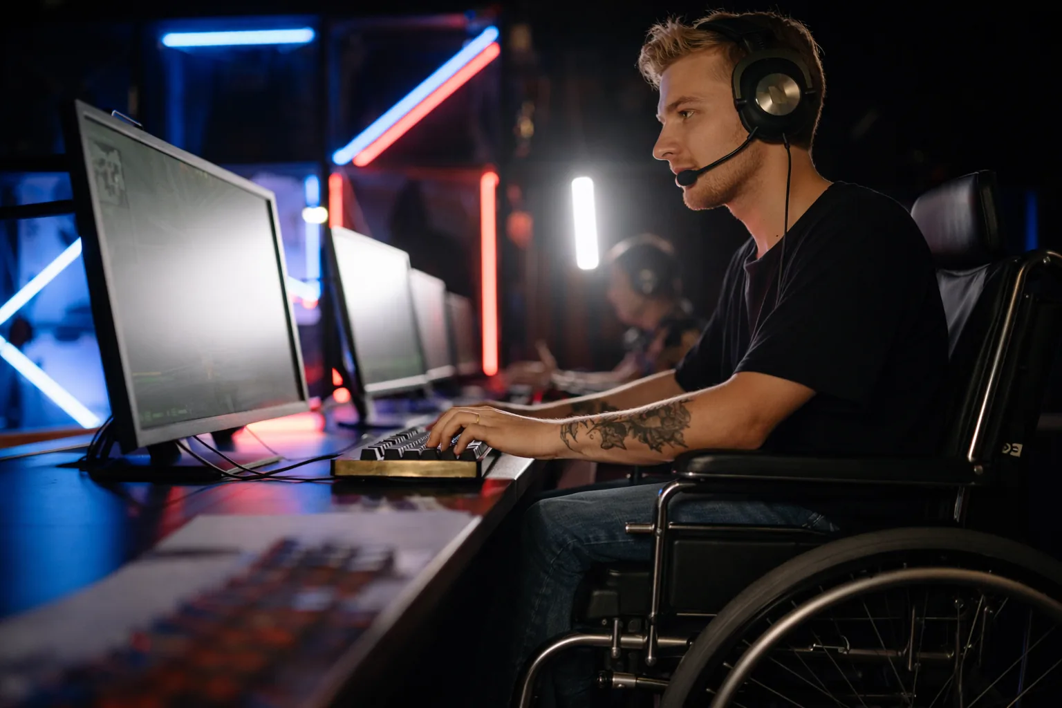 A person using a wheelchair playing a computer game with headphones