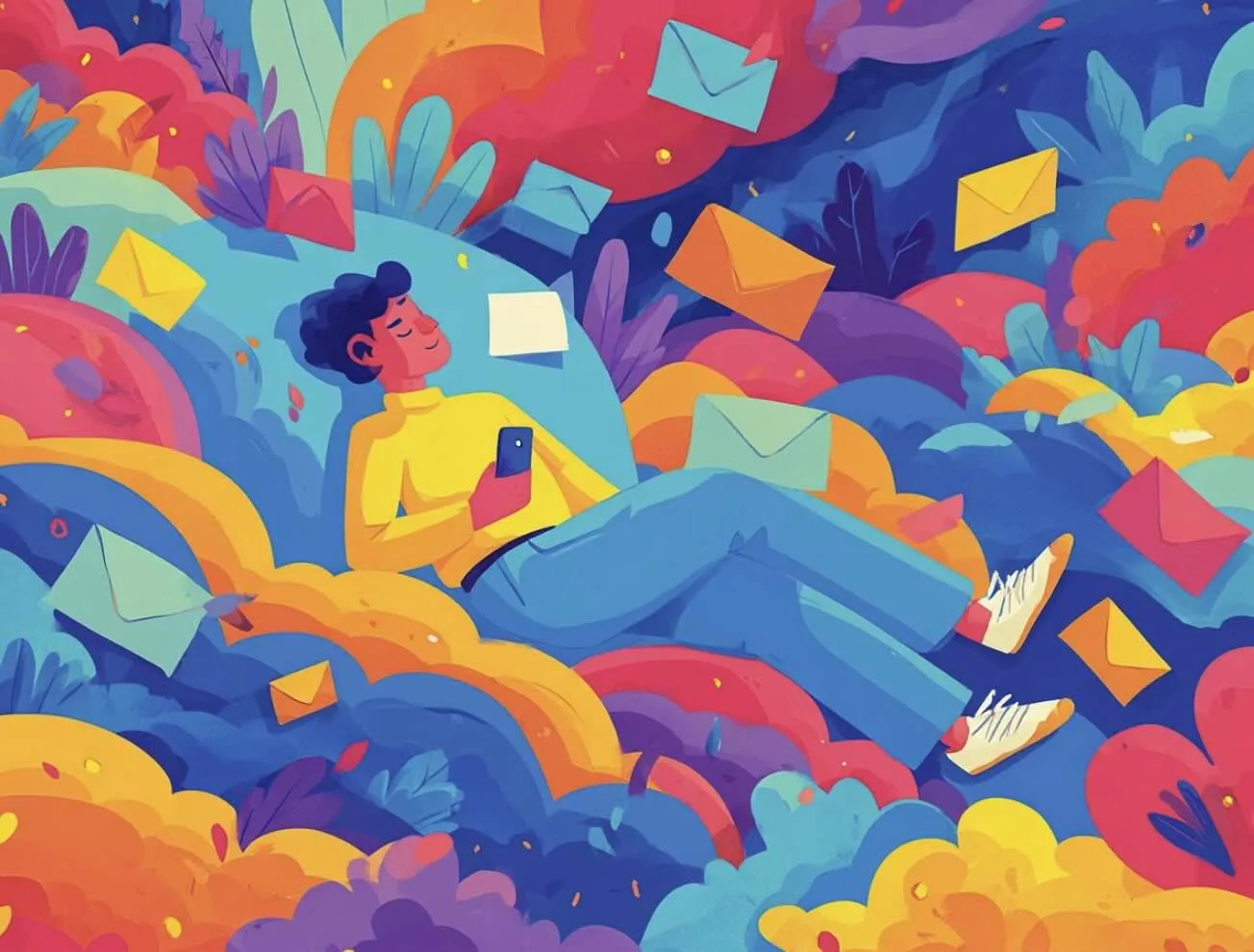 A colourful illustration of people, messages and envelopes