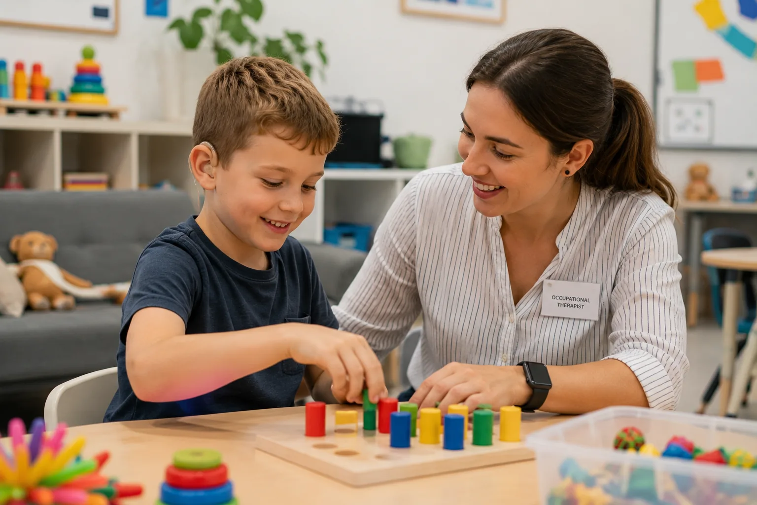A child and an adult playing with colourful blocks