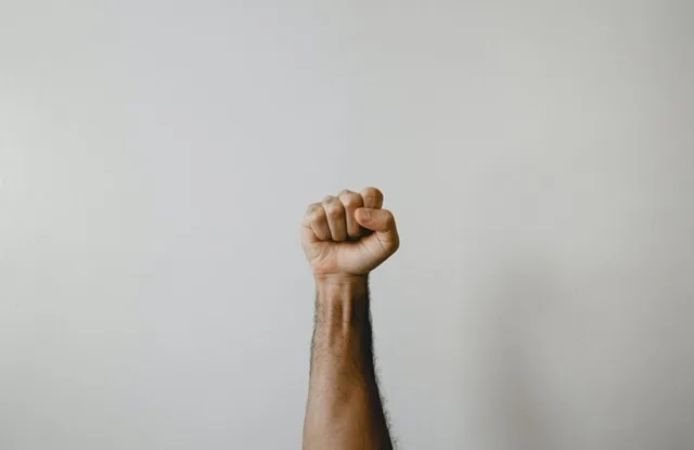 A raised fist against a plain wall