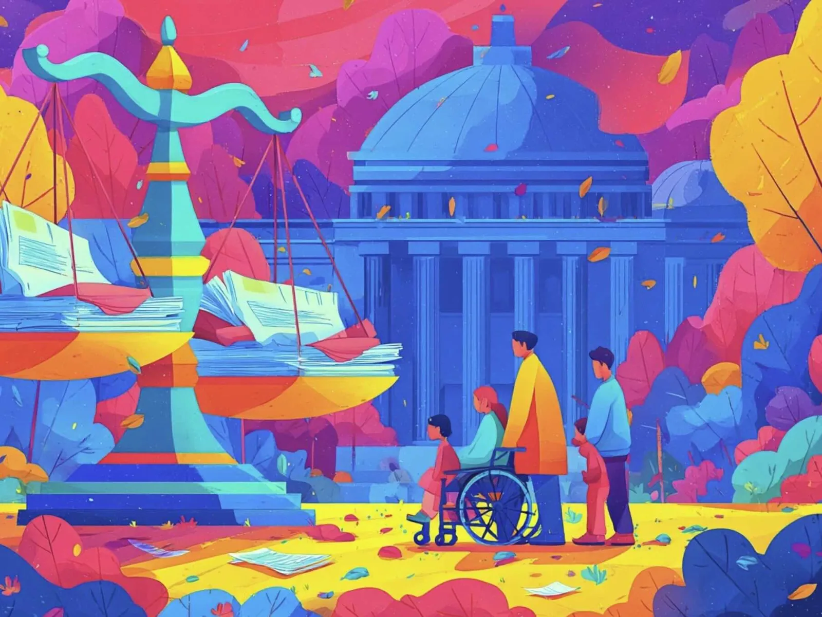 Colourful illustration of scales, Parliament and a person using a wheelchair