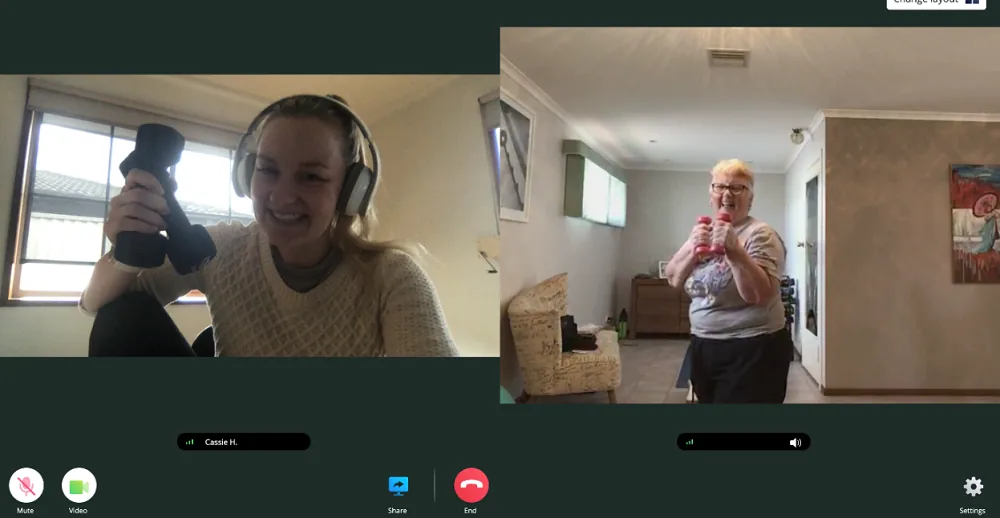 Cassie Hovey and client on a telehealth interface. Displays videos of them talking to each other.