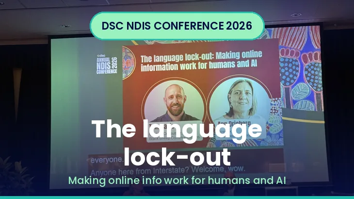 Conference slide titled The language lock-out: Making online info work for humans and AI