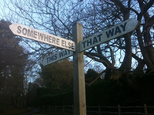 A wooden signpost with several different directions