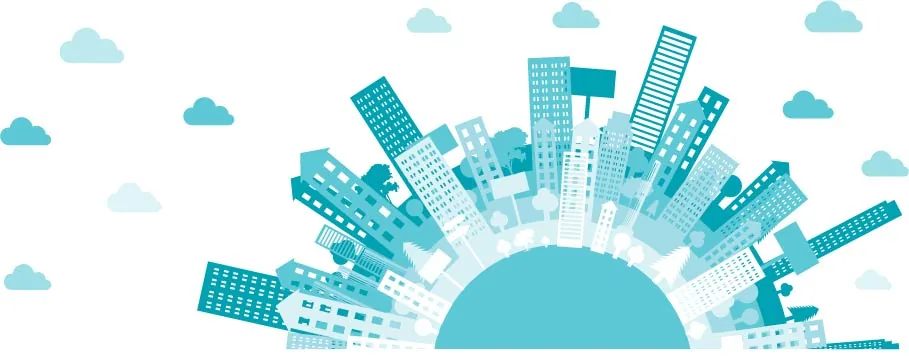 A stylised illustration of buildings arranged around a curve