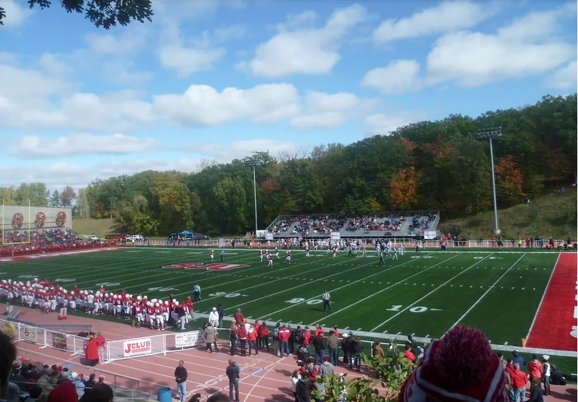 A sports field and stands at the college described in the original account