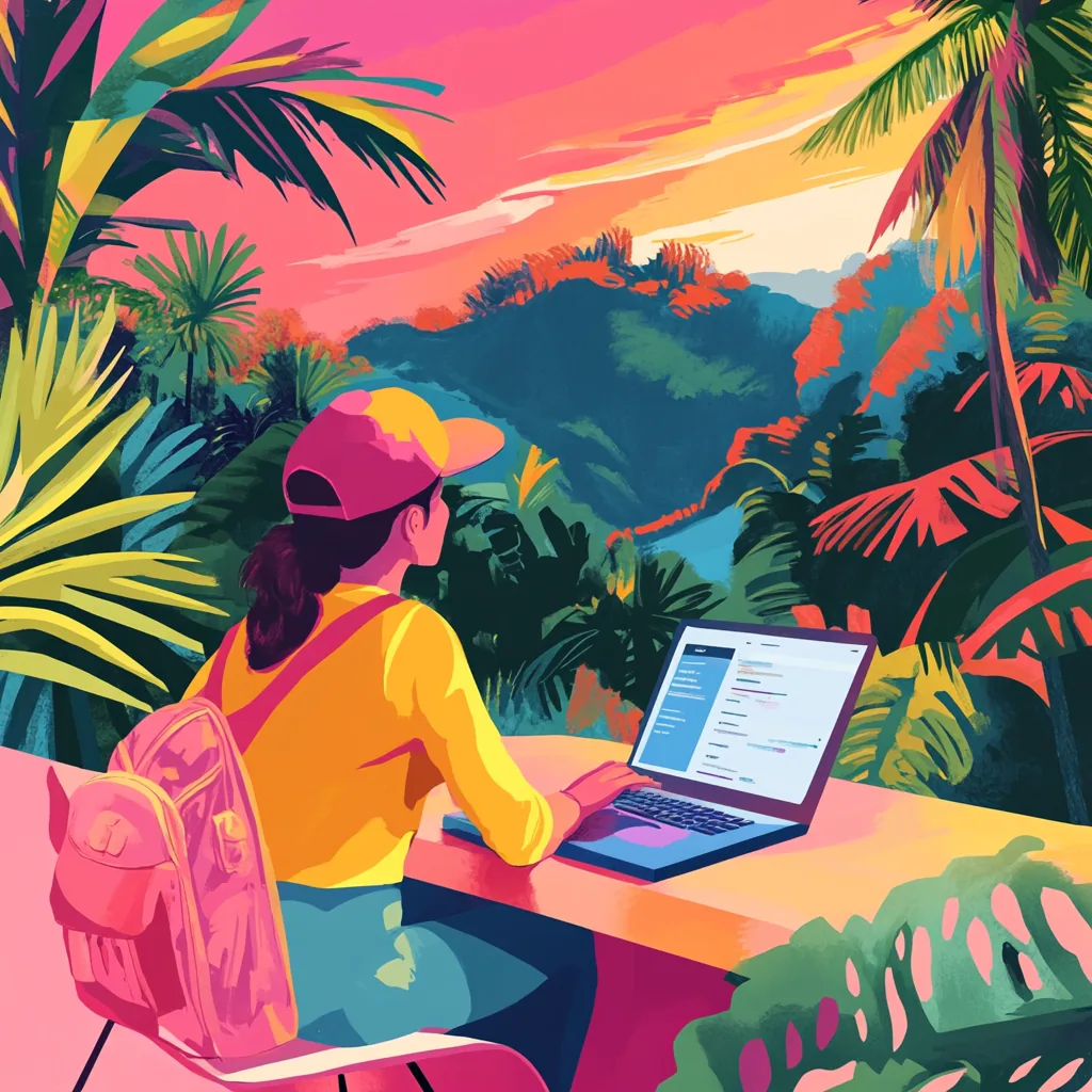 Colourful illustration of a person wearing a cap and using a laptop outdoors