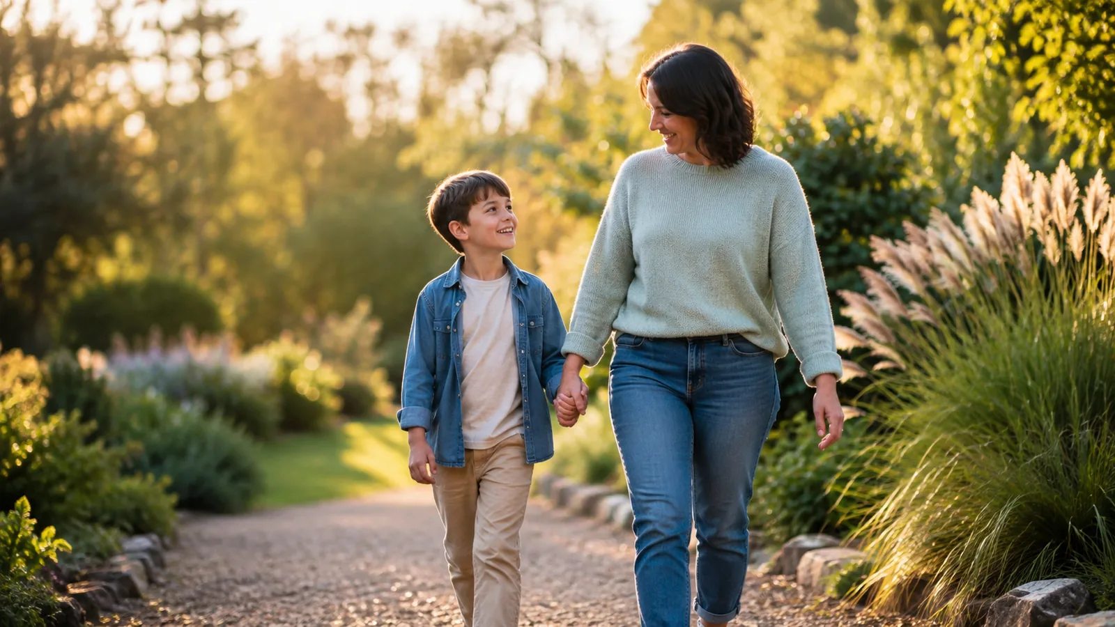 An adult and child walking together outdoors