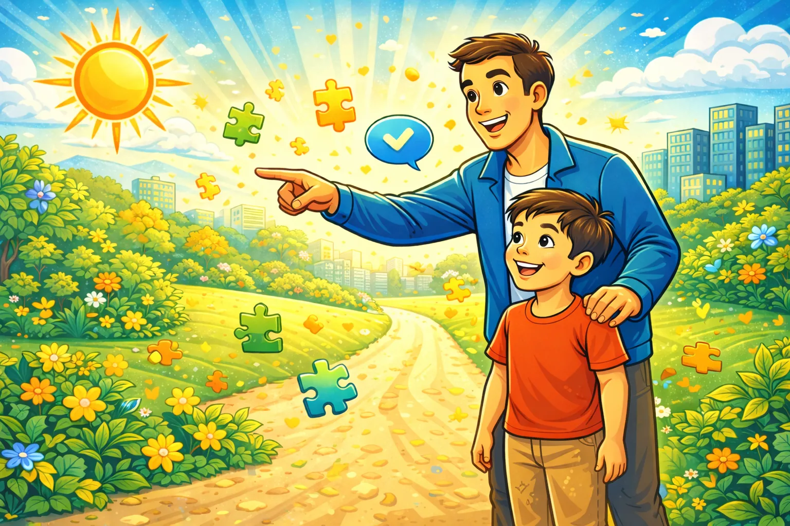 Illustration of an adult and child following a path