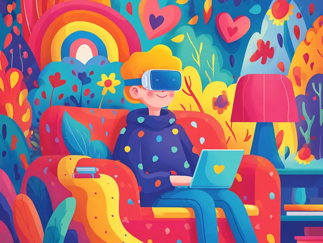 Illustration of a person wearing a VR headset in a colourful room