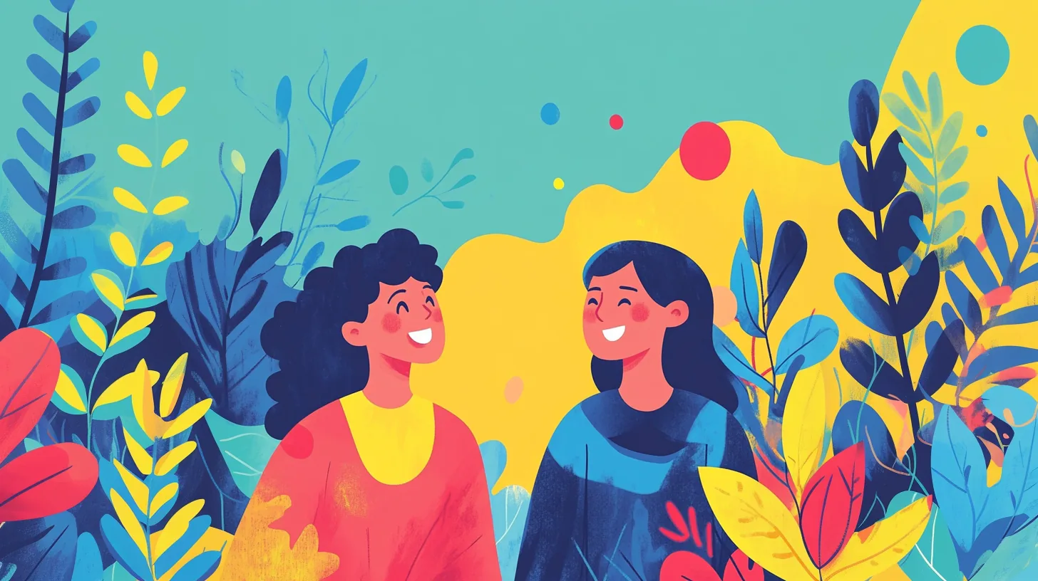 An illustration of two people talking among colourful plants