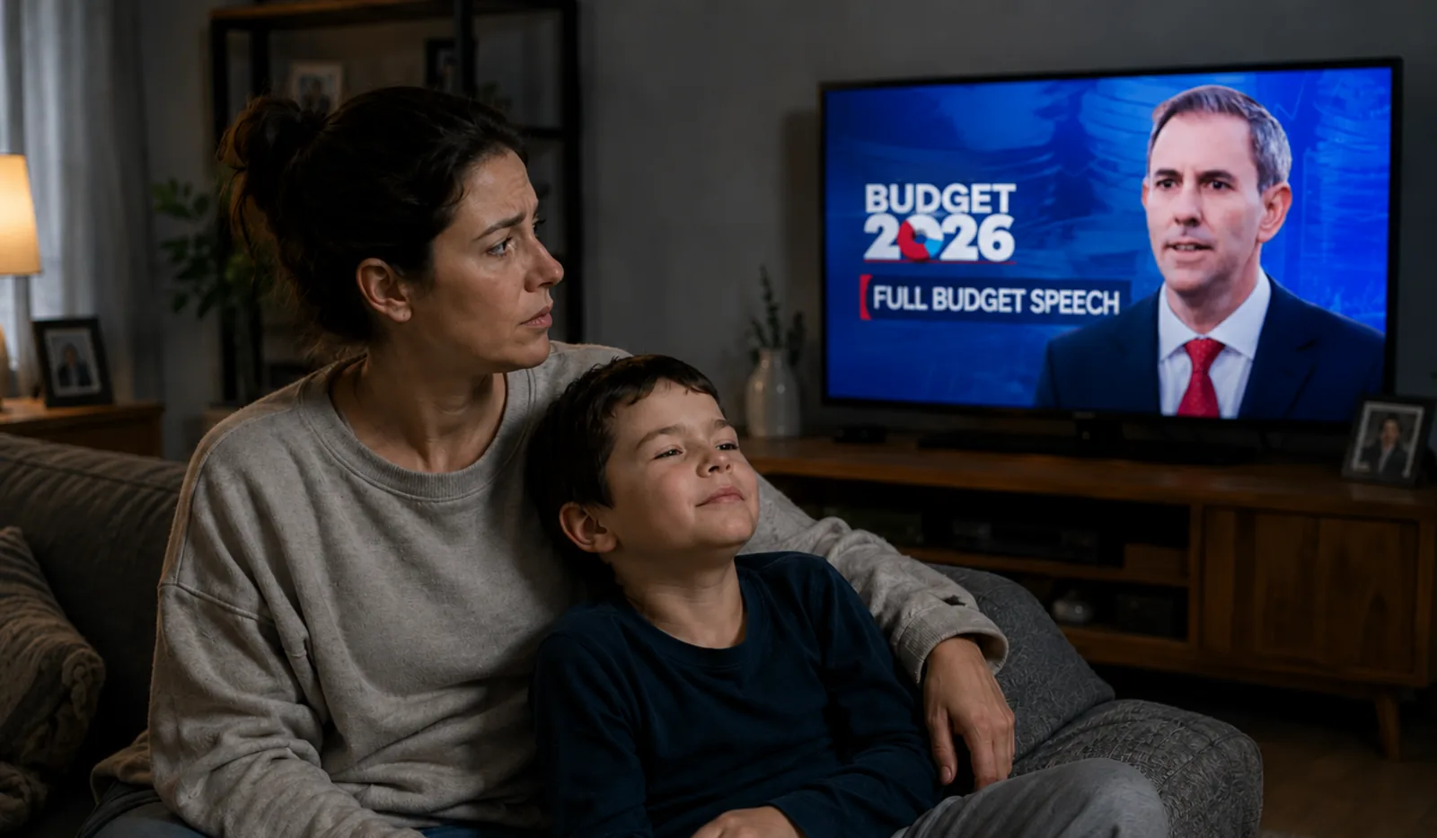 Two people watching Budget 2026 news on television
