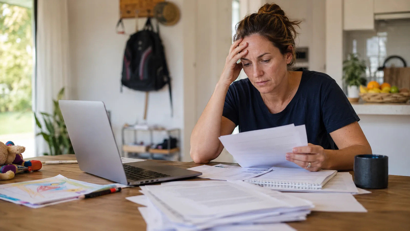 A person looking at paperwork beside a laptop