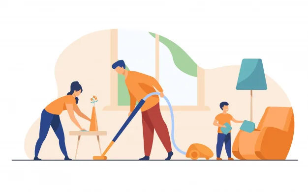 Illustration of people carrying out household cleaning tasks