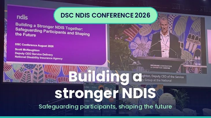 Conference slide titled Building a stronger NDIS: safeguarding participants, shaping the future