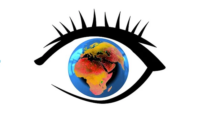 An illustrated eye with a globe forming its centre