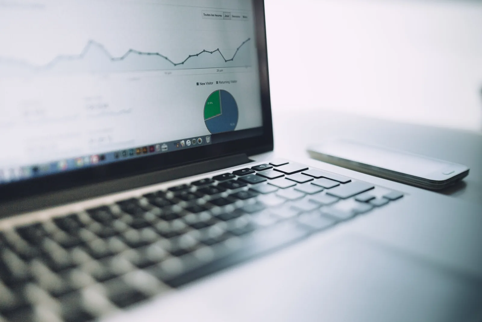 A laptop displaying charts and a graph
