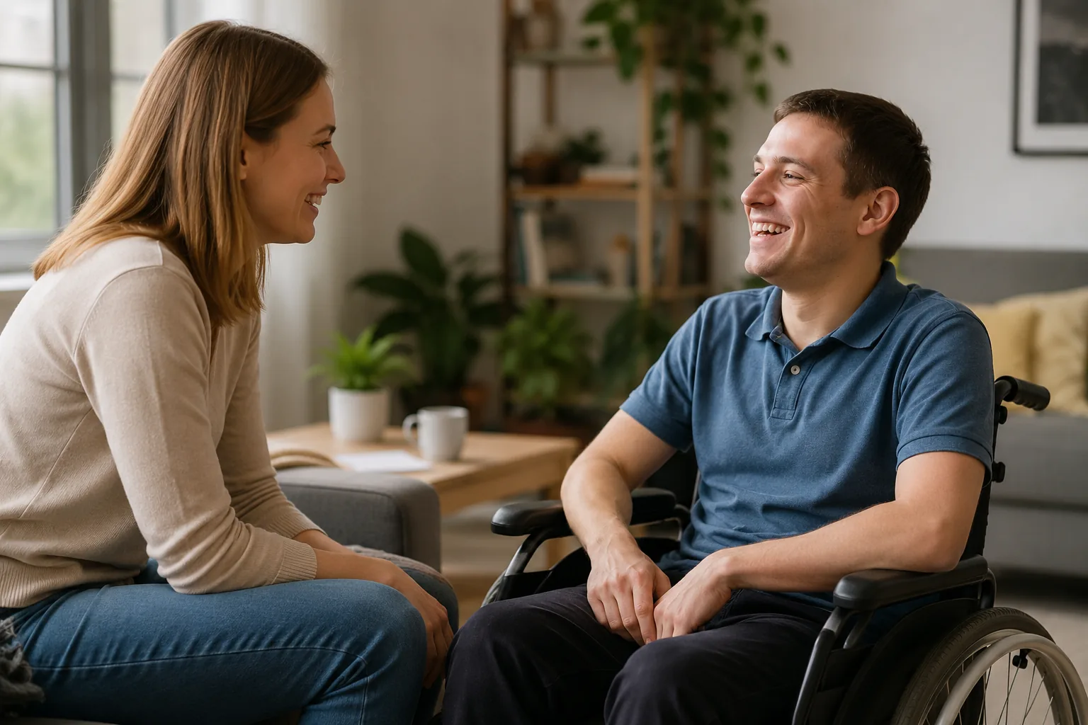 Two people talking, one seated in a wheelchair