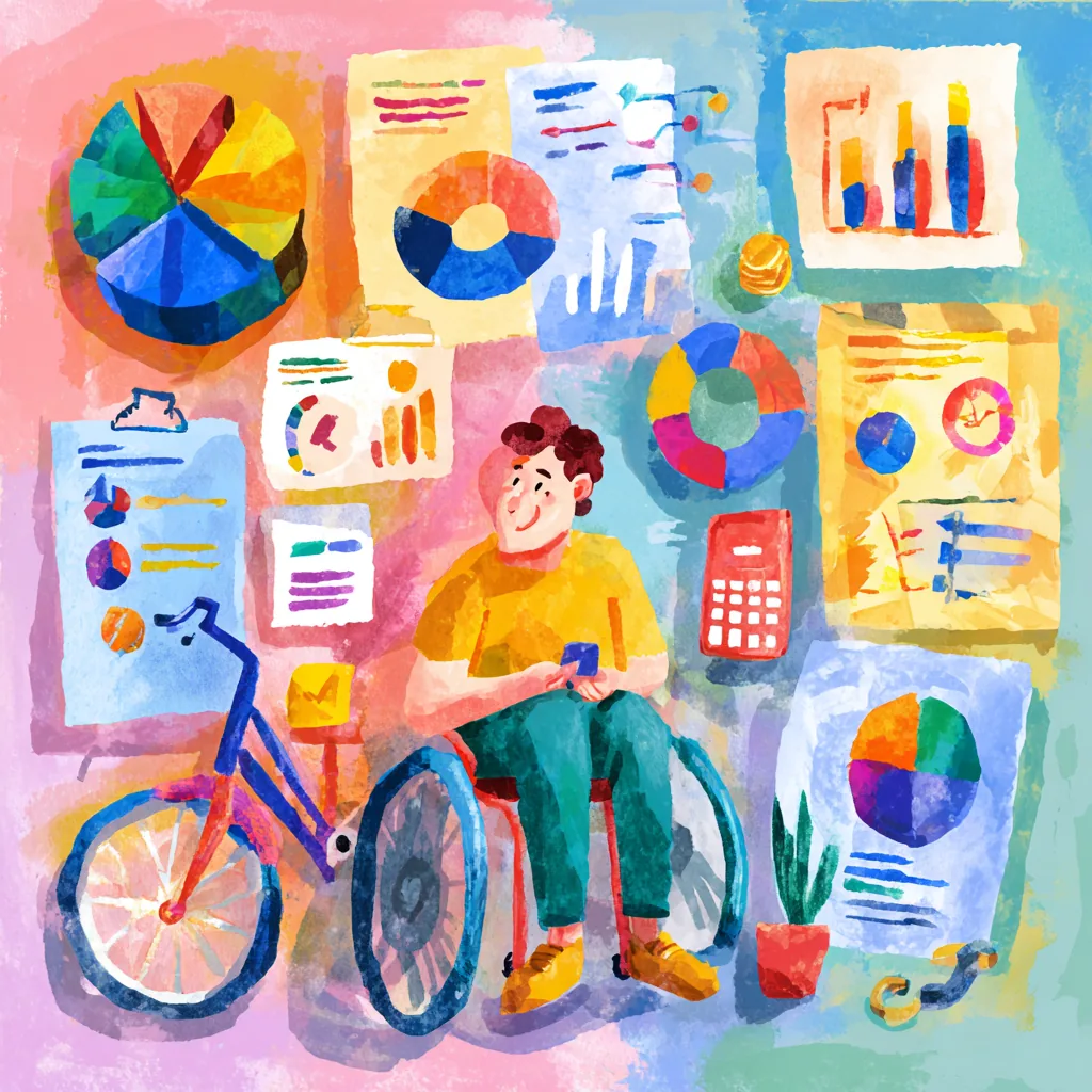 Colourful illustration of a person using a wheelchair beside charts